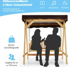 COSTWAY Hollywoodschaukel Aus Holz, 2-Sitzer, Gartenschaukel Mit Verstellbarem Sonnendach & Metallkette, Schaukelbank Bis 240kg Belastbar Für Veranda, Hinterhof, Pool -Angebote Moos Traum Store 8cc4b2bd1d69fd0096a19f4f97f6e2b3
