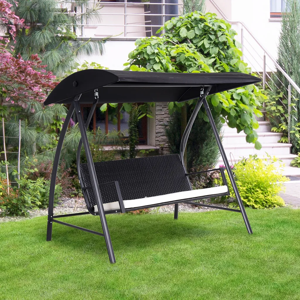 Outsunny Hollywoodschaukel Gartenschaukel 3-Sitzer Mit Dach, Polyrattan+Metall, Schwarz, 198x124x179cm 2 Outsunny Hollywoodschaukel Gartenschaukel 3-Sitzer Mit Dach, Polyrattan+Metall, Schwarz, 198x124x179cm – Bild 2