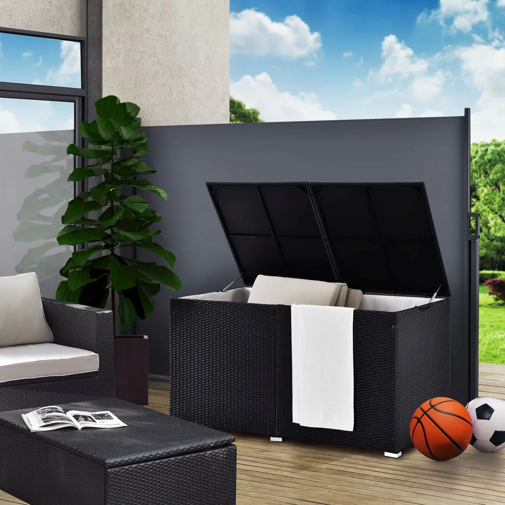 Juskys Polyrattan Auflagenbox Ikaria 950 L Inkl. Deckel Mit Hubautomatik & Innenplane – Garten Kissenbox Für Balkon & Terrasse – Gartenbox Schwarz 6 Juskys Polyrattan Auflagenbox Ikaria 950 L Inkl. Deckel Mit Hubautomatik & Innenplane – Garten Kissenbox Für Balkon & Terrasse – Gartenbox Schwarz – Bild 6