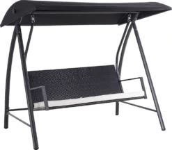 Outsunny Hollywoodschaukel Gartenschaukel 3-Sitzer Mit Dach, Polyrattan+Metall, Schwarz, 198x124x179cm