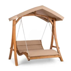 Blumfeldt Bermuda - Hollywoodschaukel , Gartenschaukel , Sitzfläche:130 Cm , Belastung: Max. 240 Kg , Lärchenholz , Weichholz , Witterungsbeständig , Sonnendach , 5 Cm Polyester Sitz-Kissen , Beige