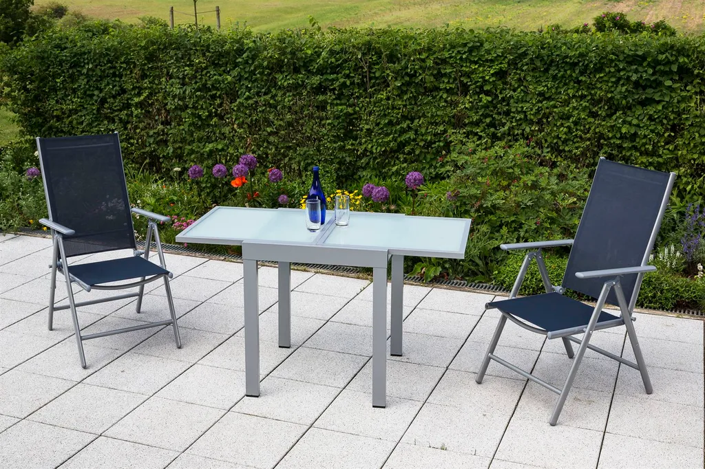 Merxx Gartenmöbelset Amalfi 3tlg. Aluminium, Textil Silber, Marineblau 2 Merxx Gartenmöbelset Amalfi 3tlg. Aluminium, Textil Silber, Marineblau – Bild 2