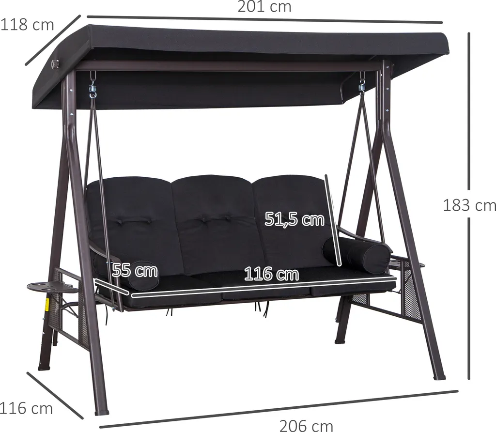 Outsunny 3-Sitzer Hollywoodschaukel Gartenschaukel Mit Sonnendach Kissen Metall Polyester Schwarz 116 X 206 X 183 Cm 3 Outsunny 3-Sitzer Hollywoodschaukel Gartenschaukel Mit Sonnendach Kissen Metall Polyester Schwarz 116 X 206 X 183 Cm – Bild 3