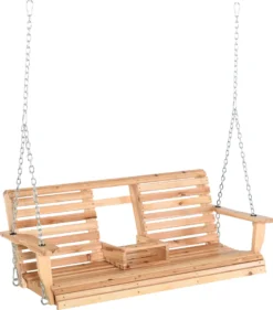 Outsunny Gartenschaukel Schaukelbank Hängebank Mit Faltbarem Couchtisch Für 2-3 Personen Tannenholz Patio Terrasse Hinterhof Komfortable 150 X 75 X 53 Cm Natur