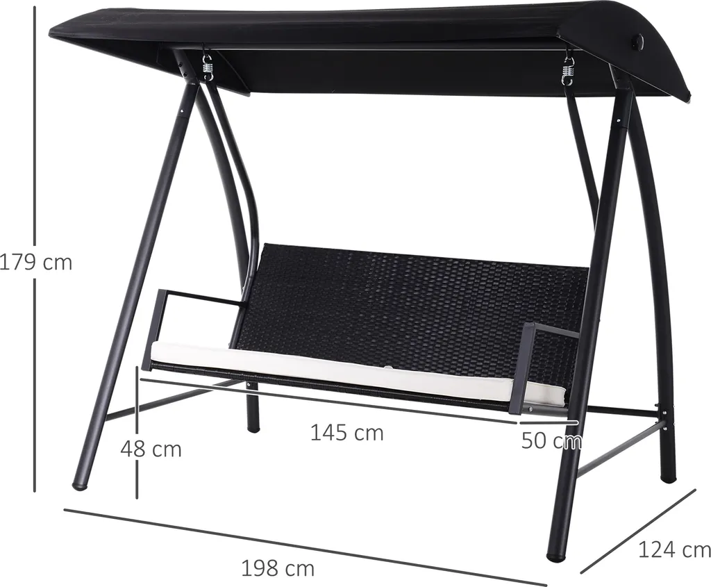 Outsunny Hollywoodschaukel Gartenschaukel 3-Sitzer Mit Dach, Polyrattan+Metall, Schwarz, 198x124x179cm 3 Outsunny Hollywoodschaukel Gartenschaukel 3-Sitzer Mit Dach, Polyrattan+Metall, Schwarz, 198x124x179cm – Bild 3