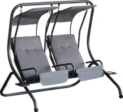 Outsunny 2 Sitzer Hollywoodschaukel Gartenschaukel Mit Sonnendach Gartenstuhl Sitz Mit Sprühbaumwolle Oxfordstoff PE-Beschichtung Stahl Polyester Grau 170 X 136 X 170 Cm（pro Sitz）
