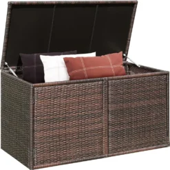 COSTWAY Auflagenbox Rattan 335L Stauraum, Kissenbox Mit Doppeltüren & Ablage, Truhenbank Sitzbank Für Terrasse Garten Balkon 115x60x65cm (Braun)