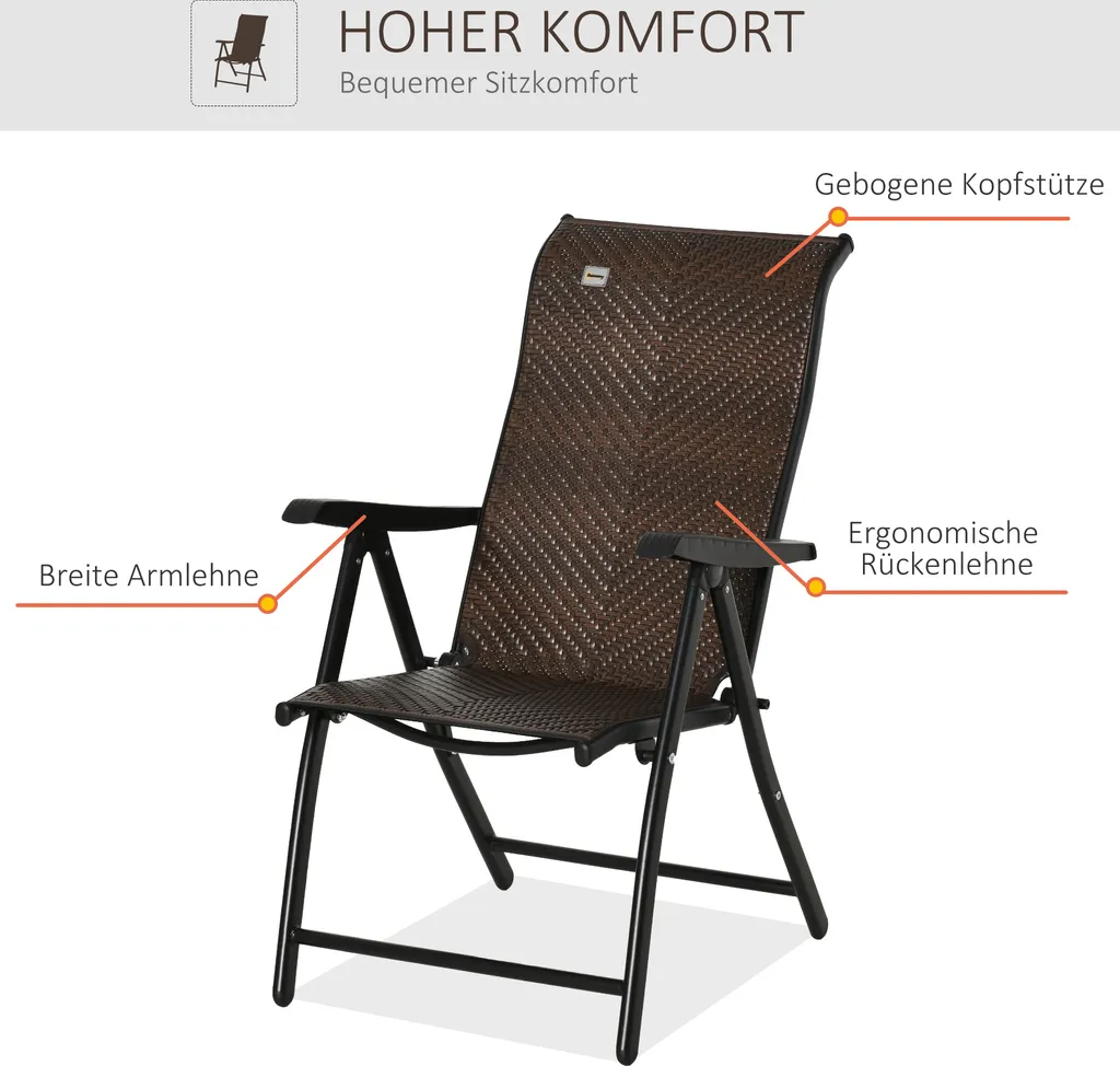Outsunny Polyrattan Gartenstuhl Klappbar Rückenlehne 7 Stufige Verstellbar Klappstuhl Mit Armlehne Für Garten Balkon Und Terrasse Braun+Schwarz 58 X 71 X 111 Cm 4 Outsunny Polyrattan Gartenstuhl Klappbar Rückenlehne 7 Stufige Verstellbar Klappstuhl Mit Armlehne Für Garten Balkon Und Terrasse Braun+Schwarz 58 X 71 X 111 Cm – Bild 4
