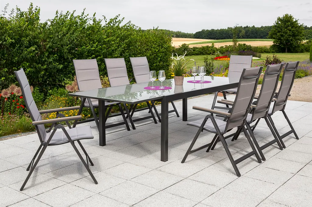 Merxx Trivero Set 9tlg., Gestell: Graphit Textil: Diamantbraun Tischplatte: Graues Glas 1 Merxx Trivero Set 9tlg., Gestell: Graphit Textil: Diamantbraun Tischplatte: Graues Glas