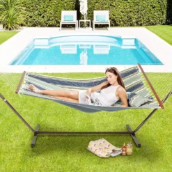 VITA5 Hängematte Outdoor - Hängematte Mit Gestell Für Den Garten, Pool & Balkon - Großzügige Hängematte 2 Personen - Doppelhängematte Mit Ständer - 200kg Belastbarkeit (Dunkergrün/Blau) -Angebote Moos Traum Store a947f6b236f3725f57cc5219f1b94878