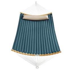 Songmics Hängematte Für 2 Personen, Gepolstert, Outdoor Hängematte Mit Trennbaren Bambusstangen, Camping-Hängematte Mit Kissen, 200 X 140 Cm, Max. 225 Kg Belastbar, Blau-beige