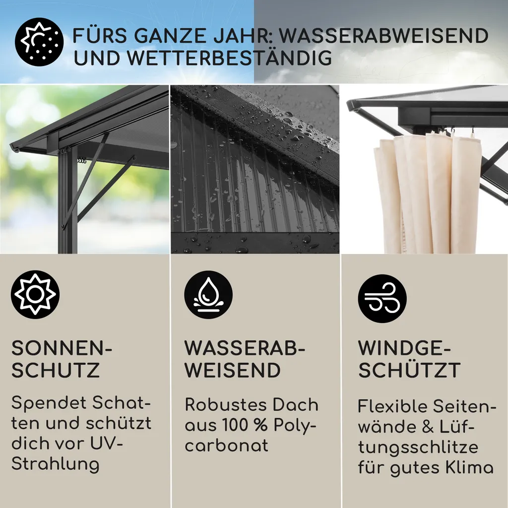 Blumfeldt Pantheon Cortina Pavillon Wasserdicht, Stabil & Winterfest, Terrassenüberdachung Sturmfest, Gartenpavillon Mit Durchsichtigem Festem Dach, Metall-Pergola Mit Hardtop, Pavillon 3x4 M, Schwarz 2 Blumfeldt Pantheon Cortina Pavillon Wasserdicht, Stabil & Winterfest, Terrassenüberdachung Sturmfest, Gartenpavillon Mit Durchsichtigem Festem Dach, Metall-Pergola Mit Hardtop, Pavillon 3x4 M, Schwarz – Bild 2