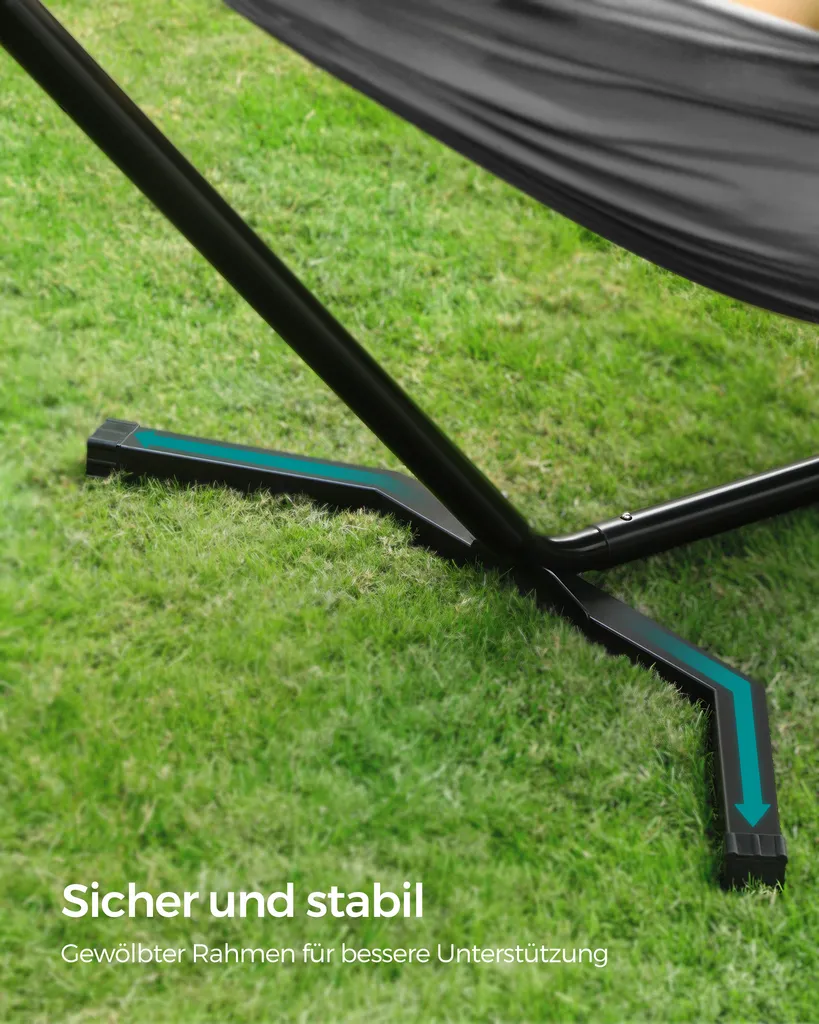 SONGMICS Hängematte Mit Gestell, 210 X 150 Cm, Auf 5 Verschiedene Höhen Verstellbar, Gestell Aus Metall, Bis 240 Kg Belastbar, Für Garten, Schwarzes Gestell Und Graue Hängematte GHS001G01 3 SONGMICS Hängematte Mit Gestell, 210 X 150 Cm, Auf 5 Verschiedene Höhen Verstellbar, Gestell Aus Metall, Bis 240 Kg Belastbar, Für Garten, Schwarzes Gestell Und Graue Hängematte GHS001G01 – Bild 3