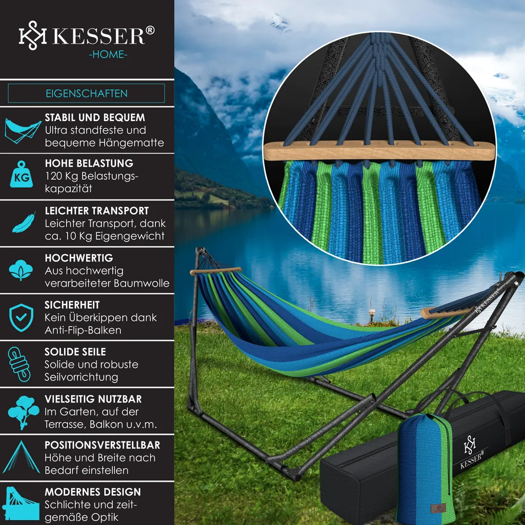 KESSER® Hängematte Vill Mit Gestell Metall Faltbar Verstellbar Stabiler Rahmen Indoor & Outdoor Mit Tragetasche + Beutel Hängesessel Hängemattengestell Camping Garten Pool Balkon Terrasse , Farbe:Blau 3 KESSER® Hängematte Vill Mit Gestell Metall Faltbar Verstellbar Stabiler Rahmen Indoor & Outdoor Mit Tragetasche + Beutel Hängesessel Hängemattengestell Camping Garten Pool Balkon Terrasse , Farbe:Blau – Bild 3