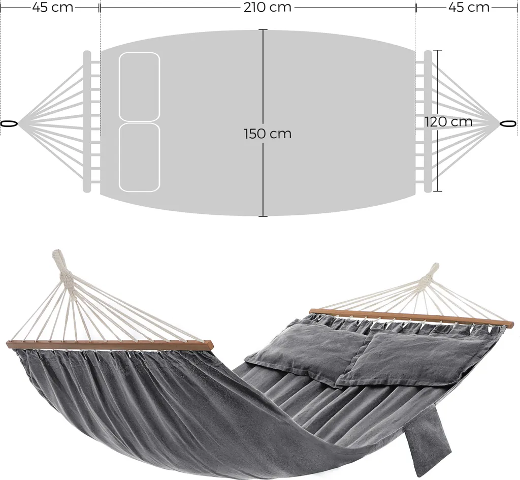 SONGMICS Hängematte, 210 X 150 Cm, Mit 2 Kissen, Bis Zu 300 Kg Belastbar, Mit 2 Holzstangen, Outdoor, Grau GDC022G01 2 SONGMICS Hängematte, 210 X 150 Cm, Mit 2 Kissen, Bis Zu 300 Kg Belastbar, Mit 2 Holzstangen, Outdoor, Grau GDC022G01 – Bild 2