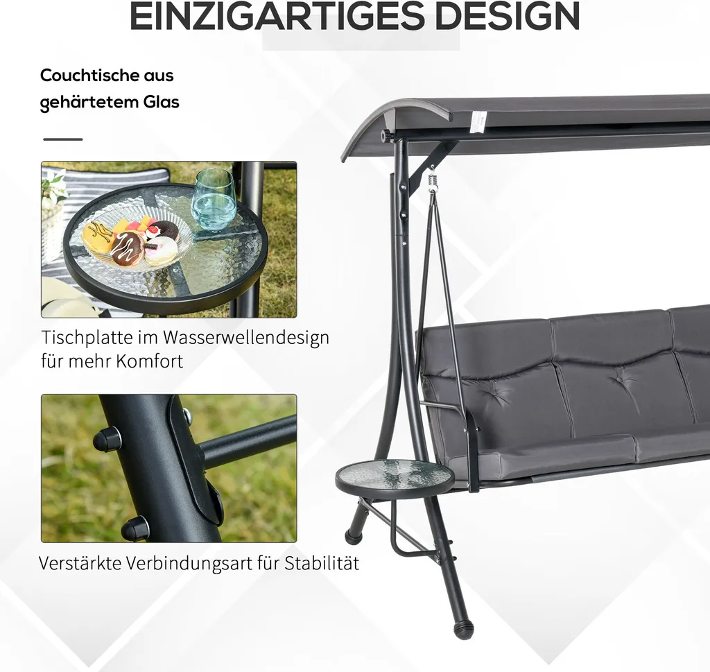 Outsunny Hollywoodschaukel 3-Sitzer Gartenschaukel Schaukelbank Mit Verstellbarem Sonnendach Teetisch Stahl Polyester Grau+Schwarz 278 X 125 X 177 Cm 4 Outsunny Hollywoodschaukel 3-Sitzer Gartenschaukel Schaukelbank Mit Verstellbarem Sonnendach Teetisch Stahl Polyester Grau+Schwarz 278 X 125 X 177 Cm – Bild 4