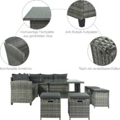 Merax Gartenlounge-Set Polyrattan Lounge Für 9 Personen, 5er Ecksofa, 1xTisch Mit Glas, 4x Hocker Mit Kissen, Gartenmöbel Set Balkonset, Grau -Angebote Moos Traum Store b664afedae77a26bd79da4ac2f62353b