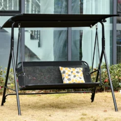 Outsunny 3-Sitzer Hollywoodschaukel Schaukelstuhl Outdoor Gartenliege UV-beständig Hochwertiges Metallrohr Winkeleinstellbar Schwarz