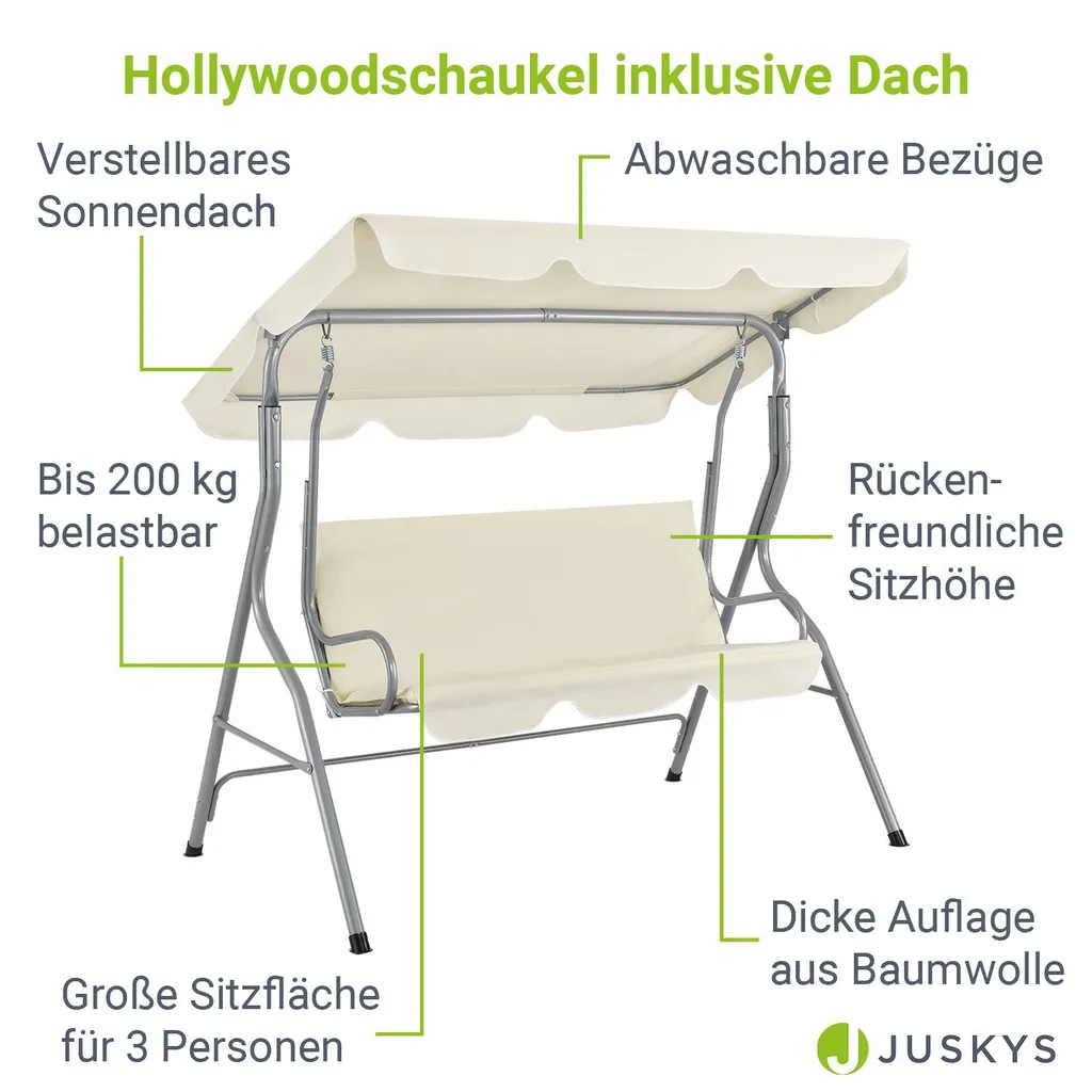 Juskys Hollywoodschaukel 3-Sitzer Mit Dach & Sitzauflage – Gartenschaukel 200 Kg Belastbar – Schaukelbank Für Garten & Terrasse - Beige 3 Juskys Hollywoodschaukel 3-Sitzer Mit Dach & Sitzauflage – Gartenschaukel 200 Kg Belastbar – Schaukelbank Für Garten & Terrasse - Beige – Bild 3