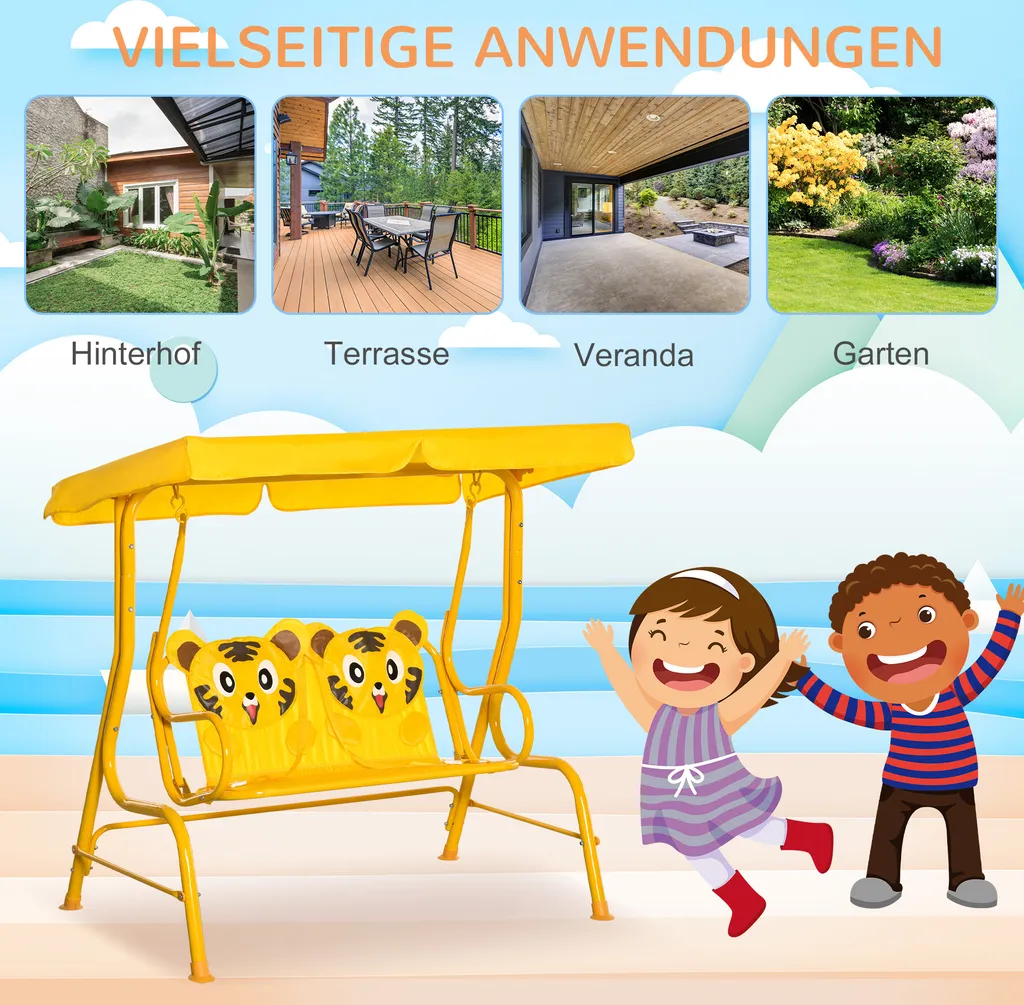 Outsunny Kinder Hollywoodschaukel 2-Sitzer Kinderschaukel Mit Verstellbarem Sonnendach Gartenschaukel Für 3-6 Jahre Kinder Metall Gelb 110 X 74 X 113 Cm 6 Outsunny Kinder Hollywoodschaukel 2-Sitzer Kinderschaukel Mit Verstellbarem Sonnendach Gartenschaukel Für 3-6 Jahre Kinder Metall Gelb 110 X 74 X 113 Cm – Bild 6