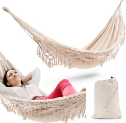 Di Volio Brasilianische Premium Hängematte BARI Mit Fransen Im Boho-Look - Hängeliege Für Zwei Personen 200 X 150 Cm (weiß)