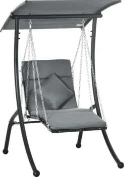 Outsunny Hollywoodschaukel, Gartenschaukel Mit Kissen, Hängeliege Mit Verstellbarem Sonnendach Für Garten, Balkon, 108 X 145 Cm X 169 Cm, Stahl, Dunkelgrau