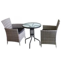 3tlg. Bistrogarnitur Glastisch 'Salzburg' Ø60cm + 2x Rattansessel 'Boston' Grau Inklusive Kissen Schwarz