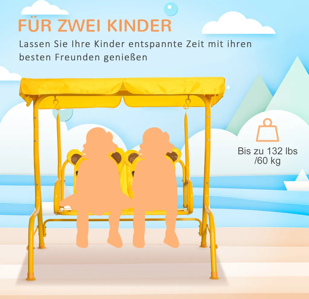 Outsunny Kinder Hollywoodschaukel 2-Sitzer Kinderschaukel Mit Verstellbarem Sonnendach Gartenschaukel Für 3-6 Jahre Kinder Metall Gelb 110 X 74 X 113 Cm 7 Outsunny Kinder Hollywoodschaukel 2-Sitzer Kinderschaukel Mit Verstellbarem Sonnendach Gartenschaukel Für 3-6 Jahre Kinder Metall Gelb 110 X 74 X 113 Cm – Bild 7