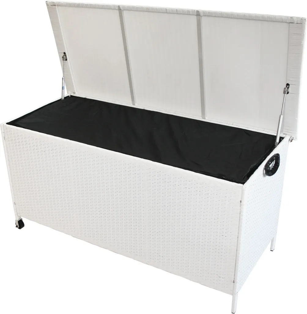 KMH® Polyrattan Kissentruhe Mit Rollen Weiß 2 KMH® Polyrattan Kissentruhe Mit Rollen Weiß – Bild 2