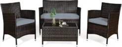 COSTWAY 4-tlg. Rattanmöbel-Set Sofatisch Mit Kissen Hartglas Für 4 Personen Balkon Sitzgruppe Für Garten Pool Hof Braun