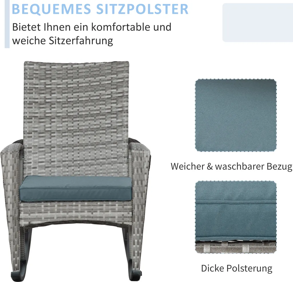Outsunny Schaukelstuhl Schwingsessel Gartenstuhl Mit Kissen, Polyrattan+Metall, Grau, 66 X 88 X 98 Cm 5 Outsunny Schaukelstuhl Schwingsessel Gartenstuhl Mit Kissen, Polyrattan+Metall, Grau, 66 X 88 X 98 Cm – Bild 5