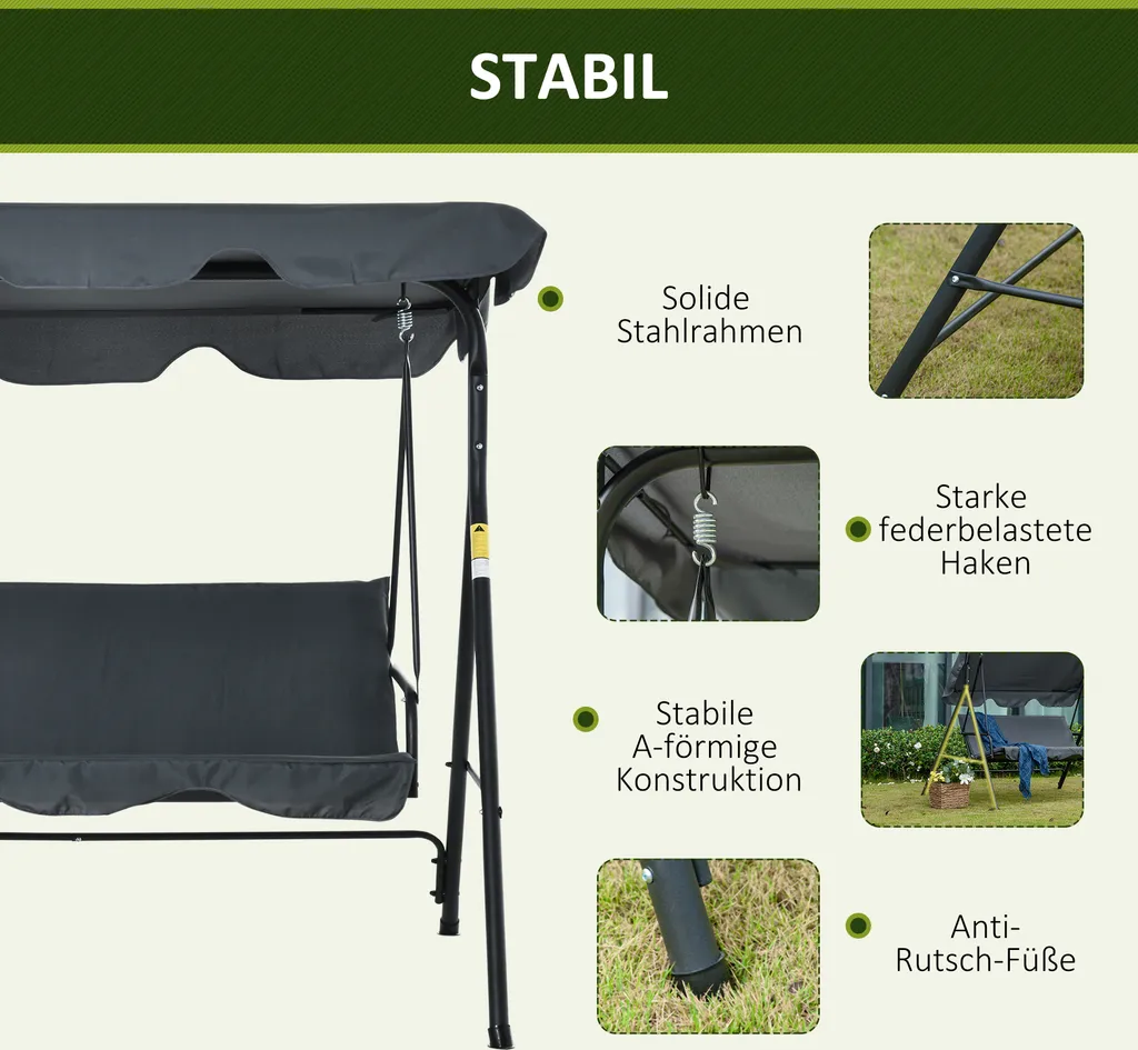Outsunny Hollywoodschaukel Gartenschaukel Schaukelbank 3-Sitzer Mit Dach Stahl Grau+Schwarz 172 X 120 X 153cm 5 Outsunny Hollywoodschaukel Gartenschaukel Schaukelbank 3-Sitzer Mit Dach Stahl Grau+Schwarz 172 X 120 X 153cm – Bild 5