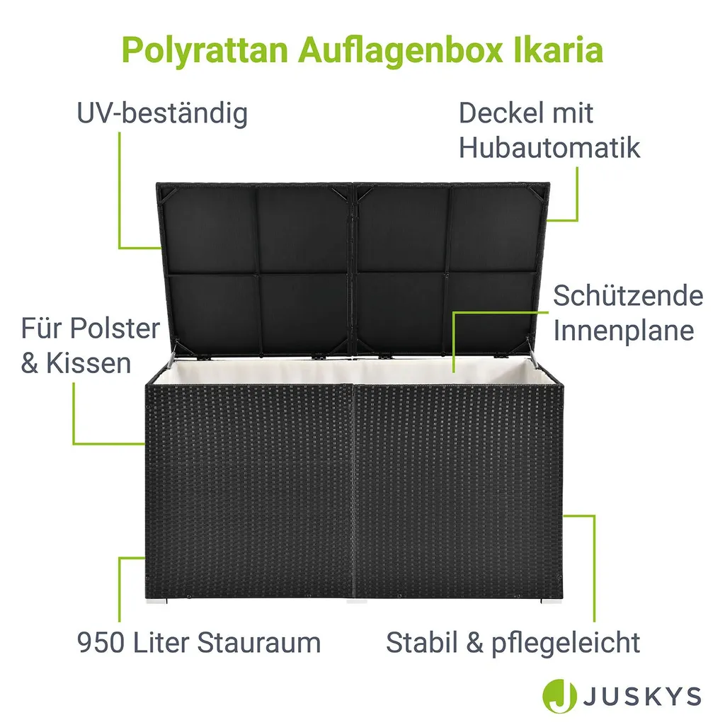 Juskys Polyrattan Auflagenbox Ikaria 950 L Inkl. Deckel Mit Hubautomatik & Innenplane – Garten Kissenbox Für Balkon & Terrasse – Gartenbox Schwarz 3 Juskys Polyrattan Auflagenbox Ikaria 950 L Inkl. Deckel Mit Hubautomatik & Innenplane – Garten Kissenbox Für Balkon & Terrasse – Gartenbox Schwarz – Bild 3