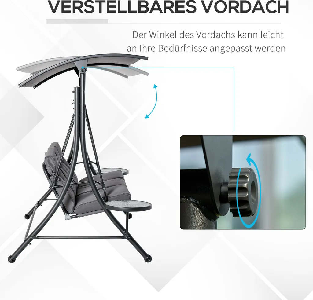 Outsunny Hollywoodschaukel 3-Sitzer Gartenschaukel Schaukelbank Mit Verstellbarem Sonnendach Teetisch Stahl Polyester Grau+Schwarz 278 X 125 X 177 Cm 5 Outsunny Hollywoodschaukel 3-Sitzer Gartenschaukel Schaukelbank Mit Verstellbarem Sonnendach Teetisch Stahl Polyester Grau+Schwarz 278 X 125 X 177 Cm – Bild 5