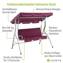 Juskys Hollywoodschaukel 3-Sitzer Mit Dach & Sitzauflage – Gartenschaukel 200 Kg Belastbar – Schaukelbank Für Garten & Terrasse - Rot -Angebote Moos Traum Store d38d20544491bc8c9752261f5d201291