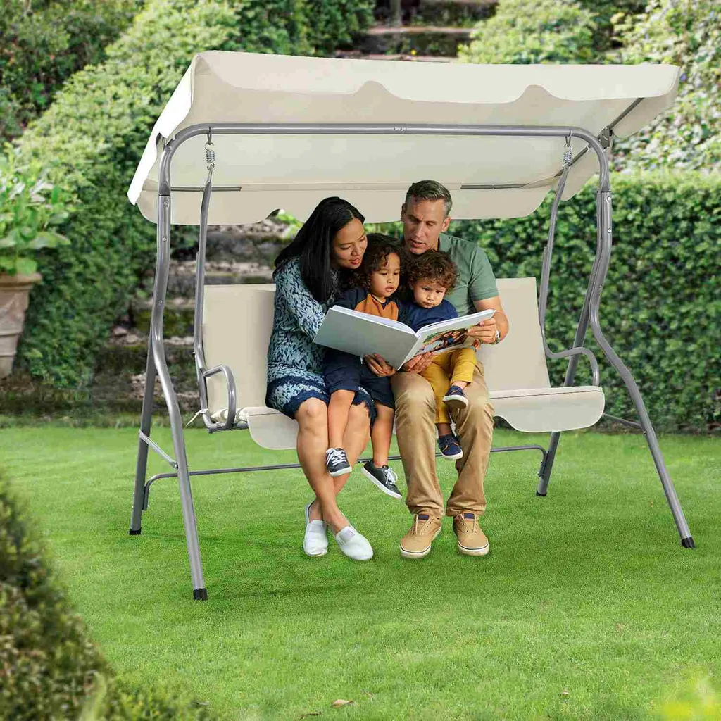 Juskys Hollywoodschaukel 3-Sitzer Mit Dach & Sitzauflage – Gartenschaukel 200 Kg Belastbar – Schaukelbank Für Garten & Terrasse - Beige 6 Juskys Hollywoodschaukel 3-Sitzer Mit Dach & Sitzauflage – Gartenschaukel 200 Kg Belastbar – Schaukelbank Für Garten & Terrasse - Beige – Bild 6