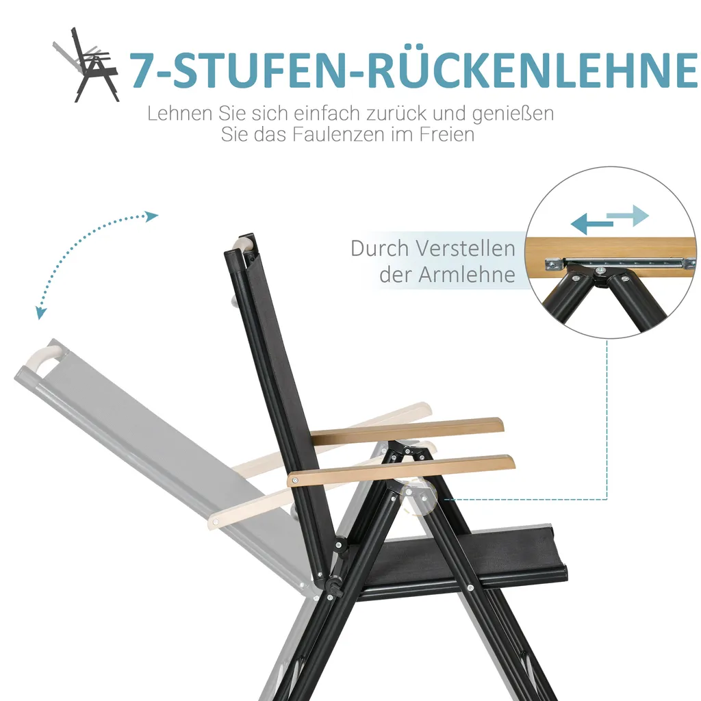 Outsunny 2er-Set Klappstuhl Gartenstuhl Klappbar Mit Rückenlehne Armlehne Für Garten Balkon Terrasse Mesh Stoff Aluminium Schwarz 71,5 X 68 X 109 Cm 7 Outsunny 2er-Set Klappstuhl Gartenstuhl Klappbar Mit Rückenlehne Armlehne Für Garten Balkon Terrasse Mesh Stoff Aluminium Schwarz 71,5 X 68 X 109 Cm – Bild 7