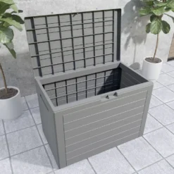 Deuba Auflagenbox 190 L Holz-Optik Wasserabweisend Deckel Abschließbar Garten Balkonbox Gartenbox Truhe , Farbe:Grau -Angebote Moos Traum Store d9c9e741e51ee39ac84bf3dc0acbc07d