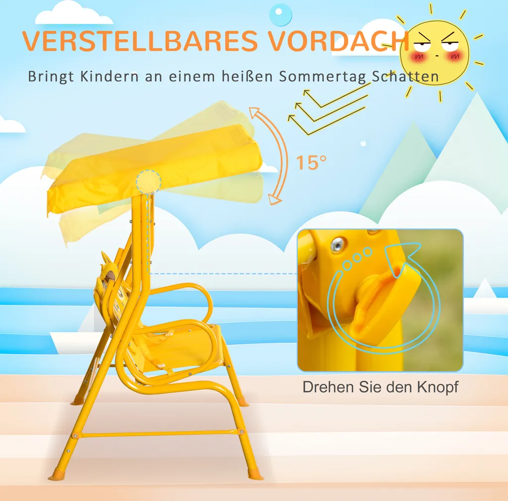 Outsunny Kinder Hollywoodschaukel 2-Sitzer Kinderschaukel Mit Verstellbarem Sonnendach Gartenschaukel Für 3-6 Jahre Kinder Metall Gelb 110 X 74 X 113 Cm 4 Outsunny Kinder Hollywoodschaukel 2-Sitzer Kinderschaukel Mit Verstellbarem Sonnendach Gartenschaukel Für 3-6 Jahre Kinder Metall Gelb 110 X 74 X 113 Cm – Bild 4