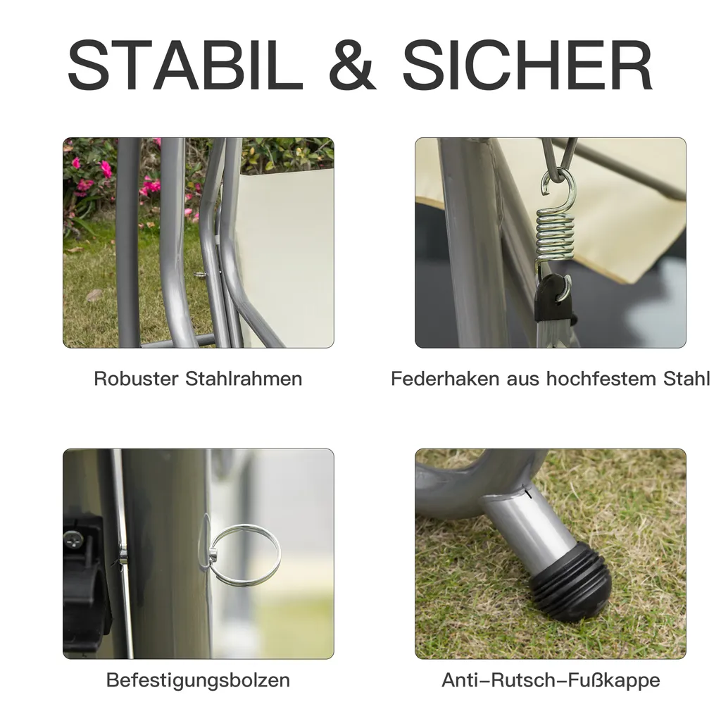 Outsunny Schaukelstuhl 3-Sitzer Hollywoodschaukel Gartenschaukel Mit Sitz- Und Rückenlehnen Tablett Sitzbank Schwingbank Dachwinkel Verstellbar Stahlrohr Oxford-Stoff Beige 200 X 120 X 164 Cm 6 Outsunny Schaukelstuhl 3-Sitzer Hollywoodschaukel Gartenschaukel Mit Sitz- Und Rückenlehnen Tablett Sitzbank Schwingbank Dachwinkel Verstellbar Stahlrohr Oxford-Stoff Beige 200 X 120 X 164 Cm – Bild 6