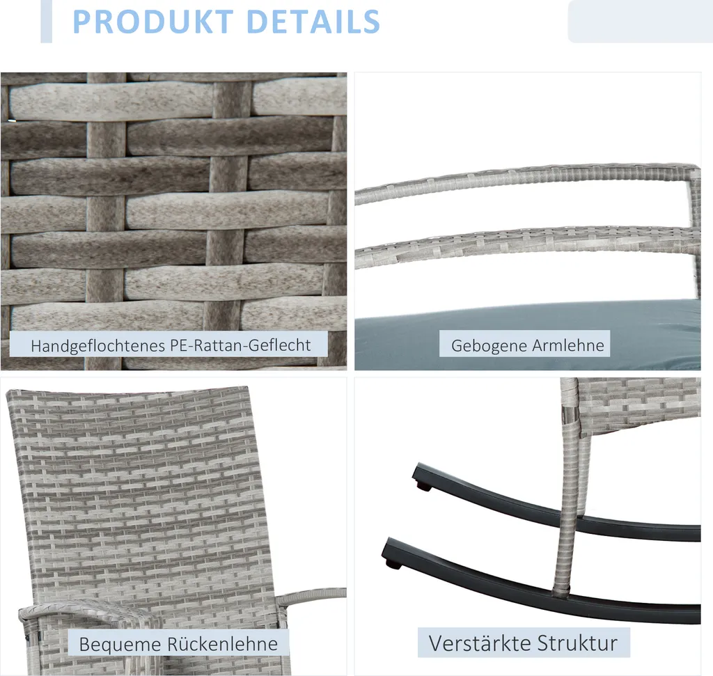 Outsunny Schaukelstuhl Schwingsessel Gartenstuhl Mit Kissen, Polyrattan+Metall, Grau, 66 X 88 X 98 Cm 6 Outsunny Schaukelstuhl Schwingsessel Gartenstuhl Mit Kissen, Polyrattan+Metall, Grau, 66 X 88 X 98 Cm – Bild 6