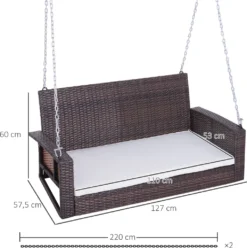 Outsunny Hängebank 2-Sitzer Rattan Gartenschaukel Mit Sitzkissen Hängeschaukel Hollywoodschaukel Schaukelbank Gartenbank Braun 127 X 57,5 X 60 Cm