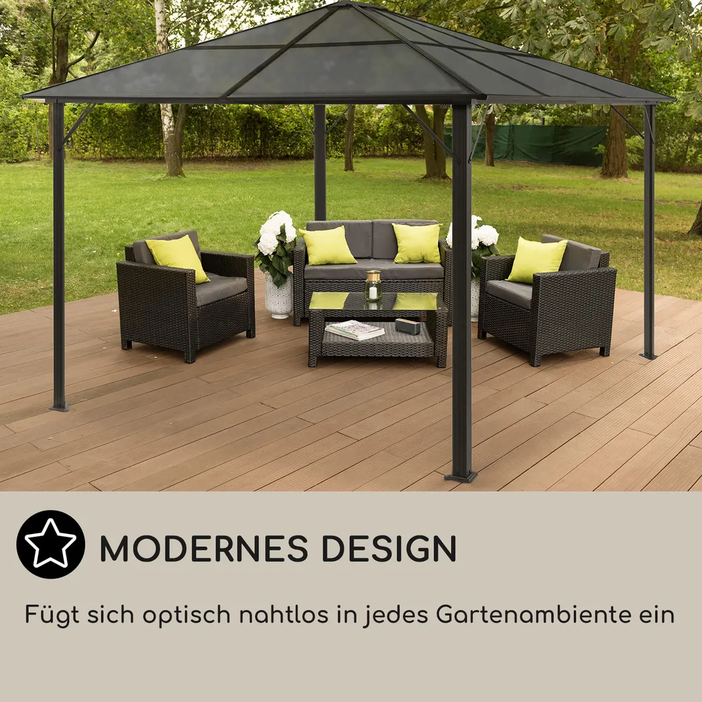Blumfeldt Pantheon Cortina Pavillon Wasserdicht, Stabil & Winterfest, Terrassenüberdachung Sturmfest, Gartenpavillon Mit Durchsichtigem Festem Dach, Metall-Pergola Mit Hardtop, Pavillon 3x4 M, Schwarz 6 Blumfeldt Pantheon Cortina Pavillon Wasserdicht, Stabil & Winterfest, Terrassenüberdachung Sturmfest, Gartenpavillon Mit Durchsichtigem Festem Dach, Metall-Pergola Mit Hardtop, Pavillon 3x4 M, Schwarz – Bild 6