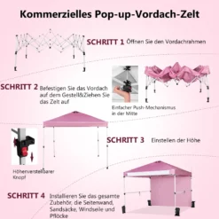 COSTWAY 3x3m Pop Up Pavillon Mit Seitenwand, Faltbarer Gartenpavillon Mit Hängenden Querstangen, Bannerstreifen & Rolltasche, UV-Schutz 50+, Tragbarer Faltpavillon Für Markt, Terrasse, Camping (Rosa) -Angebote Moos Traum Store ebaab5fc1dec315c5493fb51c7056c91