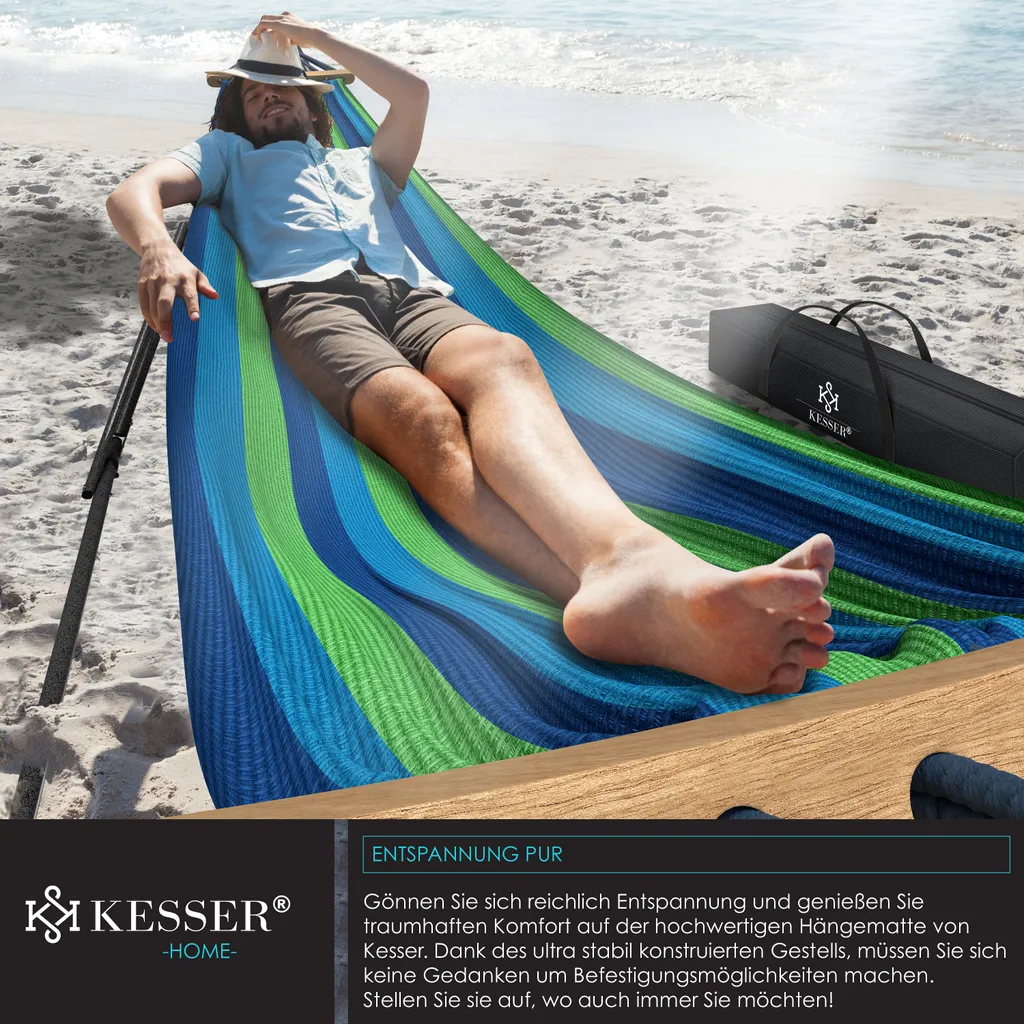 KESSER® Hängematte Vill Mit Gestell Metall Faltbar Verstellbar Stabiler Rahmen Indoor & Outdoor Mit Tragetasche + Beutel Hängesessel Hängemattengestell Camping Garten Pool Balkon Terrasse , Farbe:Blau 4 KESSER® Hängematte Vill Mit Gestell Metall Faltbar Verstellbar Stabiler Rahmen Indoor & Outdoor Mit Tragetasche + Beutel Hängesessel Hängemattengestell Camping Garten Pool Balkon Terrasse , Farbe:Blau – Bild 4