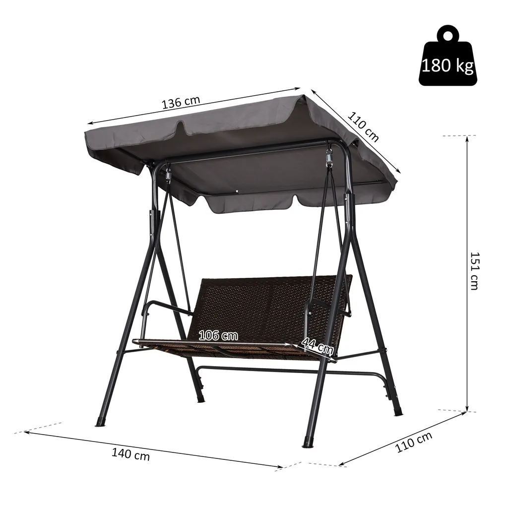 Outsunny Rattan Hollywoodschaukel, 2-Sitzer Gartenschaukel, Schaukelbank, Verstellbares Sonnendach, Stahlrahmen 140 X 110 X 151 Cm 7 Outsunny Rattan Hollywoodschaukel, 2-Sitzer Gartenschaukel, Schaukelbank, Verstellbares Sonnendach, Stahlrahmen 140 X 110 X 151 Cm – Bild 7