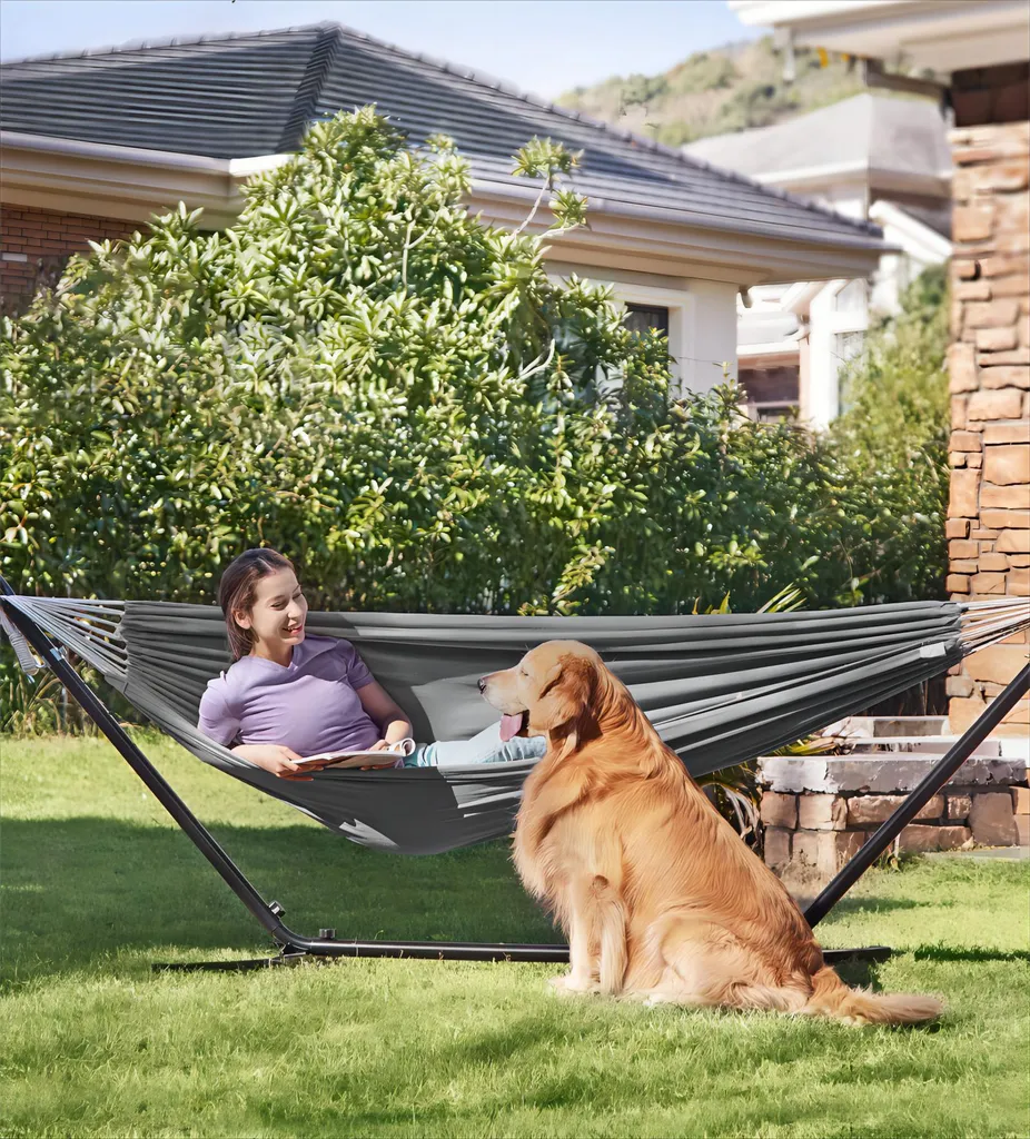 SONGMICS Hängematte Mit Gestell, 210 X 150 Cm, Auf 5 Verschiedene Höhen Verstellbar, Gestell Aus Metall, Bis 240 Kg Belastbar, Für Garten, Schwarzes Gestell Und Graue Hängematte GHS001G01 2 SONGMICS Hängematte Mit Gestell, 210 X 150 Cm, Auf 5 Verschiedene Höhen Verstellbar, Gestell Aus Metall, Bis 240 Kg Belastbar, Für Garten, Schwarzes Gestell Und Graue Hängematte GHS001G01 – Bild 2