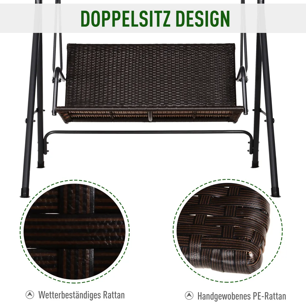 Outsunny Rattan Hollywoodschaukel, 2-Sitzer Gartenschaukel, Schaukelbank, Verstellbares Sonnendach, Stahlrahmen 140 X 110 X 151 Cm 5 Outsunny Rattan Hollywoodschaukel, 2-Sitzer Gartenschaukel, Schaukelbank, Verstellbares Sonnendach, Stahlrahmen 140 X 110 X 151 Cm – Bild 5